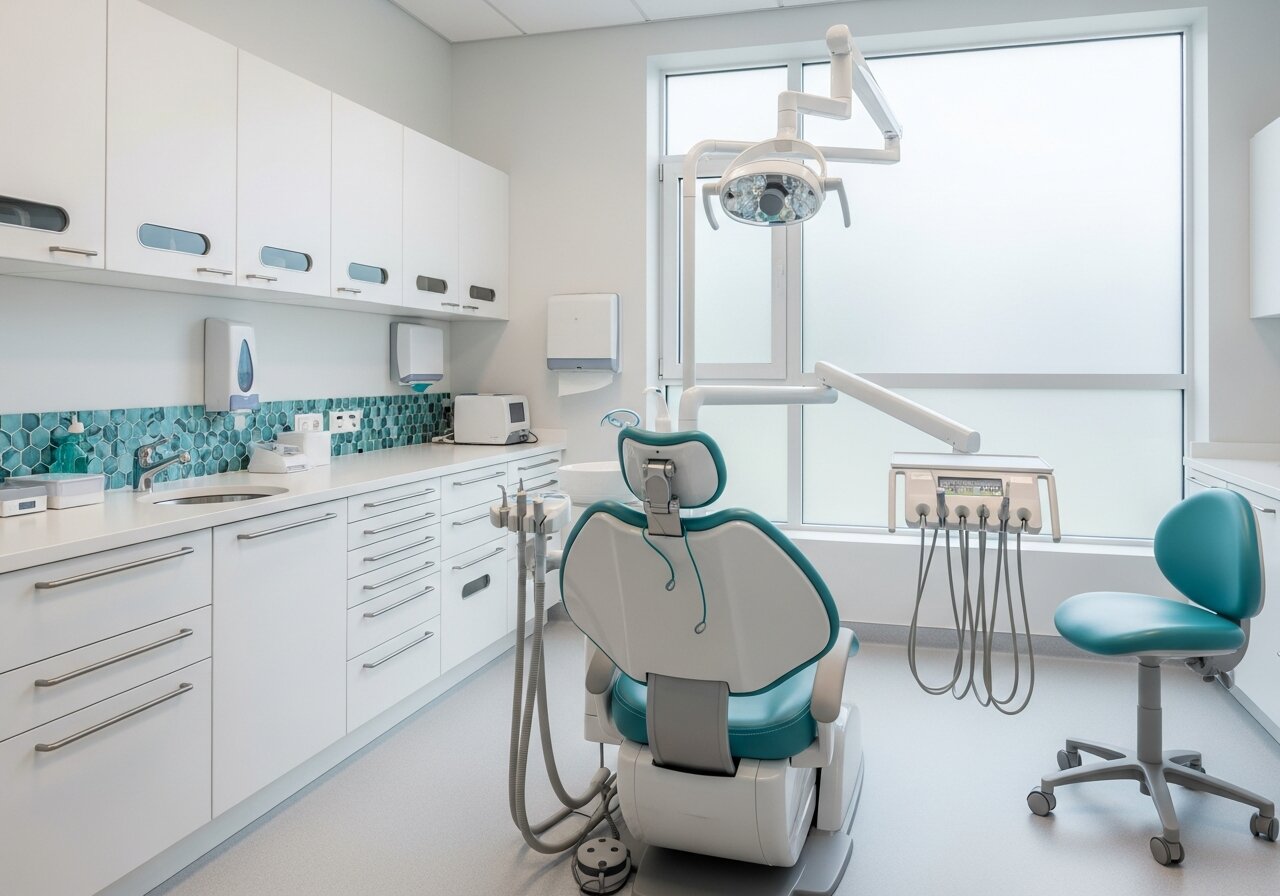Modern dental clinic interior with treatment chair and equipment